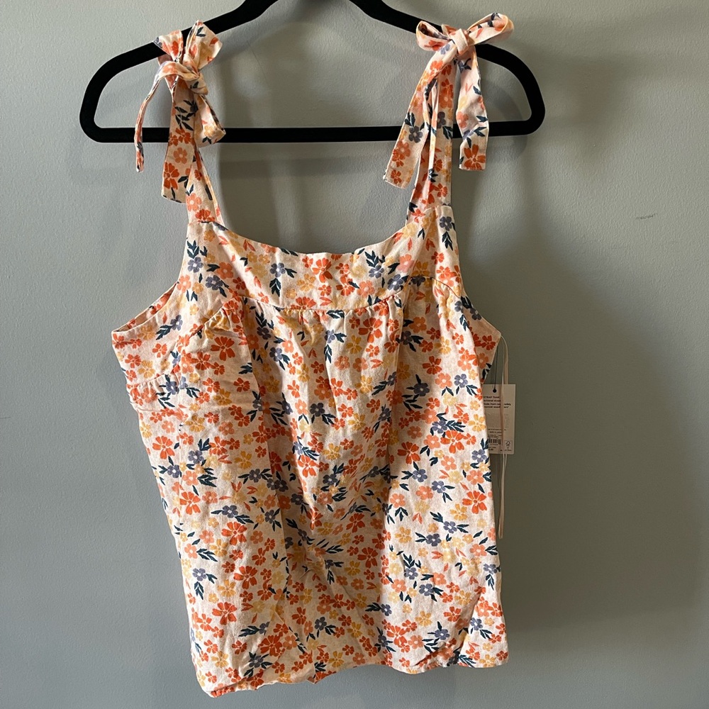 Sonoma Orange Floral Linen Blend Tie Strap Tank Top Size X Large Square Neck